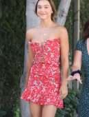 Alexis Ren Leggy in Floral Dress at Alfred’s in West Hollywood