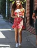 Alexis Ren Leggy in Floral Dress at Alfred’s in West Hollywood