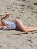 Blanca Blanco Areola Slip in Swimsuit on the Beach in Malibu