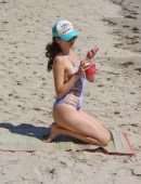 Blanca Blanco Areola Slip in Swimsuit on the Beach in Malibu