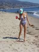 Blanca Blanco Areola Slip in Swimsuit on the Beach in Malibu