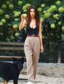 Emily Ratajkowski Playing Fetch with Dog in New York