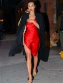 Irina Shayk Leggy in Red Satin Dress, Leaving a Photoshoot in NYC