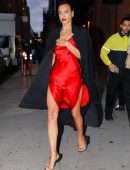 Irina Shayk Leggy in Red Satin Dress, Leaving a Photoshoot in NYC