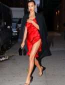 Irina Shayk Leggy in Red Satin Dress, Leaving a Photoshoot in NYC