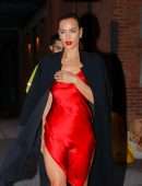 Irina Shayk Leggy in Red Satin Dress, Leaving a Photoshoot in NYC