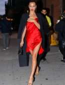 Irina Shayk Leggy in Red Satin Dress, Leaving a Photoshoot in NYC