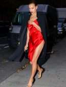 Irina Shayk Leggy in Red Satin Dress, Leaving a Photoshoot in NYC