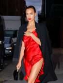 Irina Shayk Leggy in Red Satin Dress, Leaving a Photoshoot in NYC