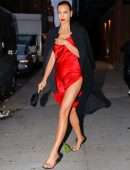 Irina Shayk Leggy in Red Satin Dress, Leaving a Photoshoot in NYC