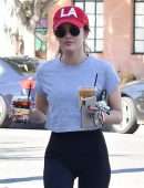 Lucy Hale in Tights Getting Coffee in Studio City