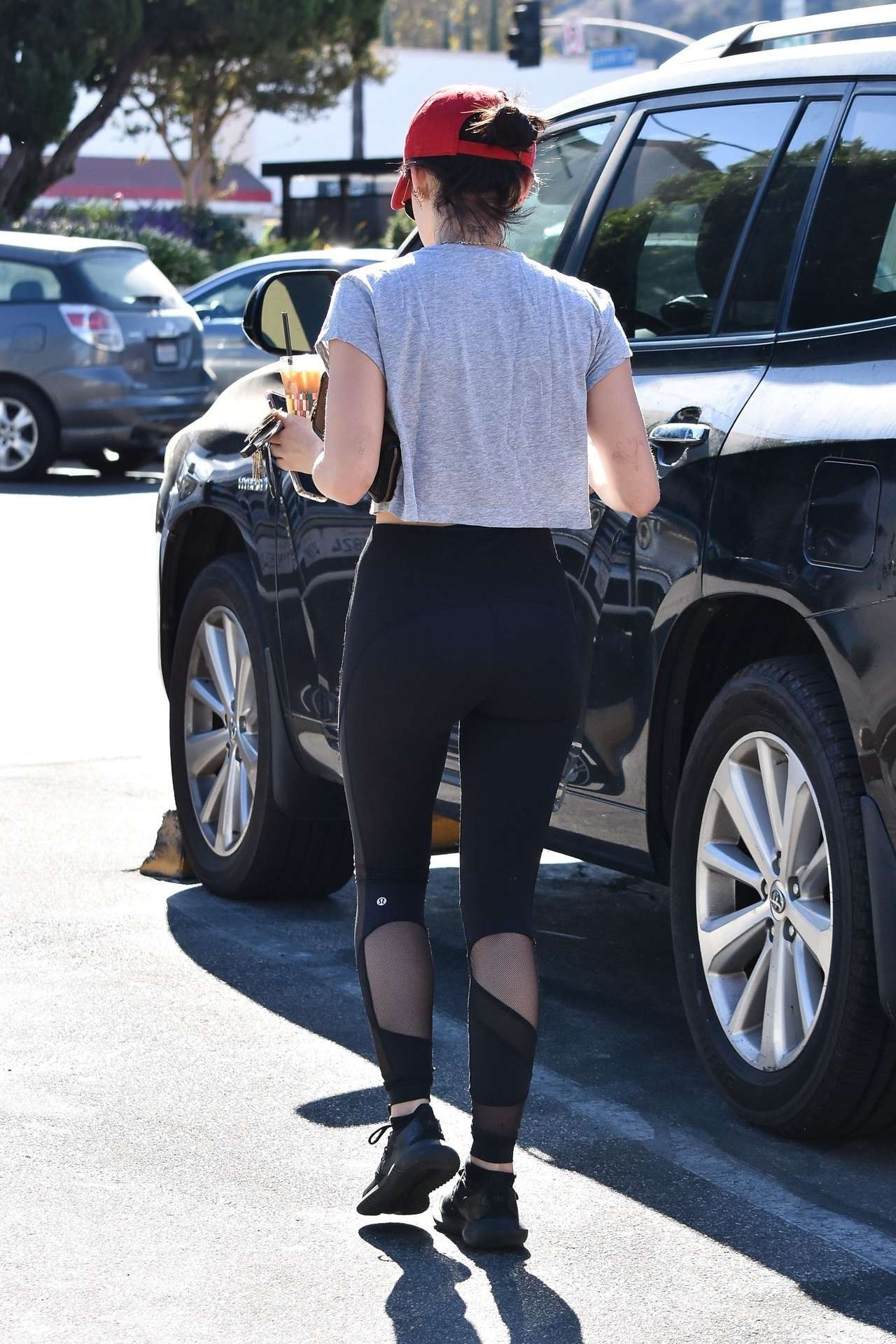Lucy Hale in Tights Getting Coffee in Studio City