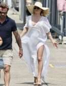 Pamela Anderson in White Swimsuit for a Photoshoot on the Gold Coast