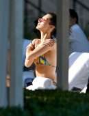 Bella Hadid Booty in Rainbow Bikini at a Poolside in Miami Beach