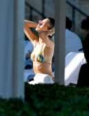 Bella Hadid Booty in Rainbow Bikini at a Poolside in Miami Beach