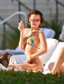 Bella Hadid Booty in Rainbow Bikini at a Poolside in Miami Beach