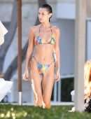 Bella Hadid Booty in Rainbow Bikini at a Poolside in Miami Beach