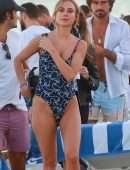 Kimberley Garner Booty in a Blue Floral One-piece on the Beach in Miami