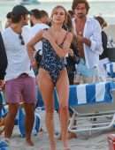 Kimberley Garner Booty in a Blue Floral One-piece on the Beach in Miami