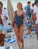 Kimberley Garner Booty in a Blue Floral One-piece on the Beach in Miami