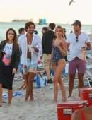 Kimberley Garner Booty in a Blue Floral One-piece on the Beach in Miami