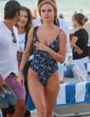 Kimberley Garner Booty in a Blue Floral One-piece on the Beach in Miami
