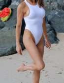 Lizzie Cundy in White Swimsuit on the Beach in Barbados