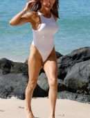 Lizzie Cundy in White Swimsuit on the Beach in Barbados