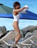 Lizzie Cundy in White Swimsuit on the Beach in Barbados