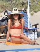 Alessandra Ambrosio Cleavage and Booty in Red Bikini on the Beach in Santa Monica