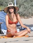 Alessandra Ambrosio Cleavage and Booty in Red Bikini on the Beach in Santa Monica