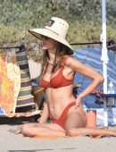 Alessandra Ambrosio Cleavage and Booty in Red Bikini on the Beach in Santa Monica