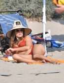 Alessandra Ambrosio Cleavage and Booty in Red Bikini on the Beach in Santa Monica