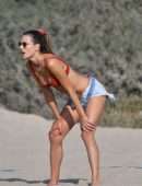 Alessandra Ambrosio Cleavage and Booty in Red Bikini on the Beach in Santa Monica