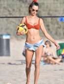 Alessandra Ambrosio Cleavage and Booty in Red Bikini on the Beach in Santa Monica