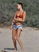 Alessandra Ambrosio Cleavage and Booty in Red Bikini on the Beach in Santa Monica
