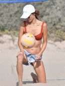 Alessandra Ambrosio Cleavage and Booty in Red Bikini on the Beach in Santa Monica