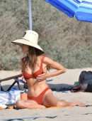 Alessandra Ambrosio Cleavage and Booty in Red Bikini on the Beach in Santa Monica
