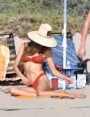 Alessandra Ambrosio Cleavage and Booty in Red Bikini on the Beach in Santa Monica