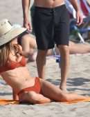 Alessandra Ambrosio Cleavage and Booty in Red Bikini on the Beach in Santa Monica