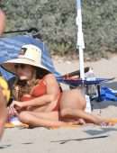 Alessandra Ambrosio Cleavage and Booty in Red Bikini on the Beach in Santa Monica