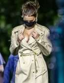 Bella Hadid Cleavage while wearing a Michael Kors Trench Coat Dress in New York