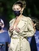 Bella Hadid Cleavage while wearing a Michael Kors Trench Coat Dress in New York