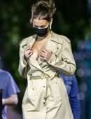 Bella Hadid Cleavage while wearing a Michael Kors Trench Coat Dress in New York