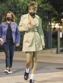Bella Hadid Cleavage while wearing a Michael Kors Trench Coat Dress in New York