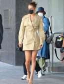 Bella Hadid Cleavage while wearing a Michael Kors Trench Coat Dress in New York