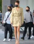 Bella Hadid Cleavage while wearing a Michael Kors Trench Coat Dress in New York