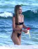 Candice Swanepoel in Black Bikini on the Beach in Miami