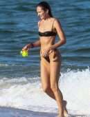 Candice Swanepoel in Black Bikini on the Beach in Miami