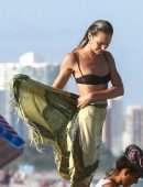 Candice Swanepoel in Black Bikini on the Beach in Miami